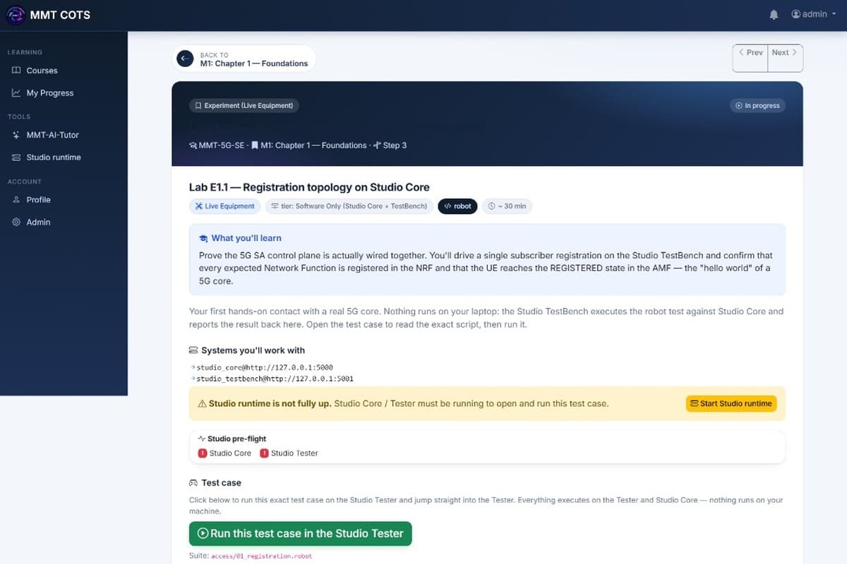 Live-equipment lab — Lab E1.1 runs a robot registration test against Studio Core, with a pre-flight health check and sample output to compare against.