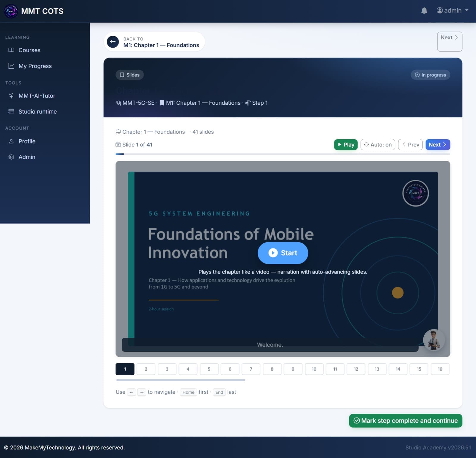 Studio Academy — the chapter player: narrated auto-advancing slides with an AI tutor, chapter navigation, and a mark-complete flow.