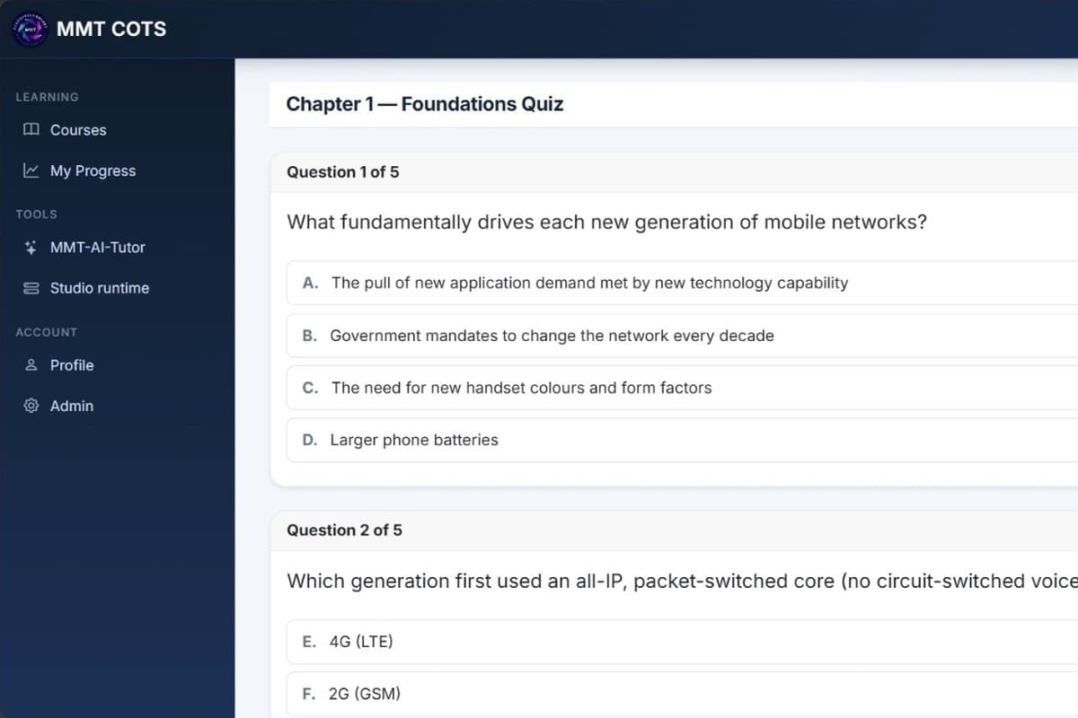 Timed quiz — Auto-graded chapter quizzes with a countdown timer and per-question marks.