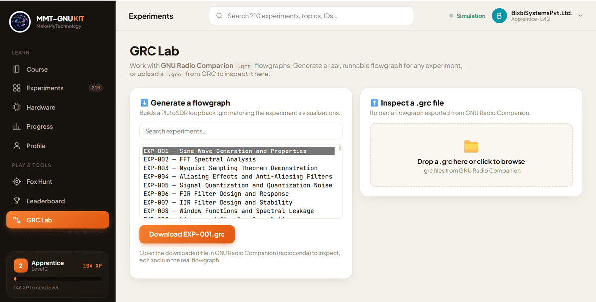 GRC Lab — Generate a runnable GNU Radio Companion .grc flowgraph for any experiment, or upload one to inspect it.