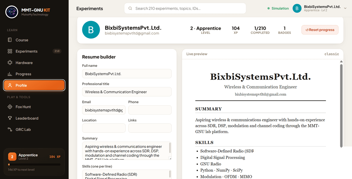 Profile & resume — Per-student XP, levels and badges, with a built-in resume builder that turns completed labs into skills.