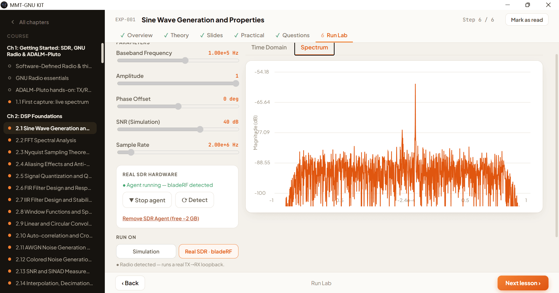 Run Lab · live spectrum — Each experiment's workbench — tune parameters and run on real SDR or simulation, with live spectrum and constellation plots.